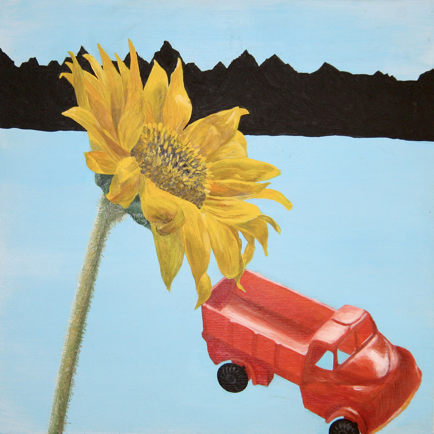 Sonnenblume und schwarze Berge, 2004, Acryl auf Mdf-Platte, 40x40 cm