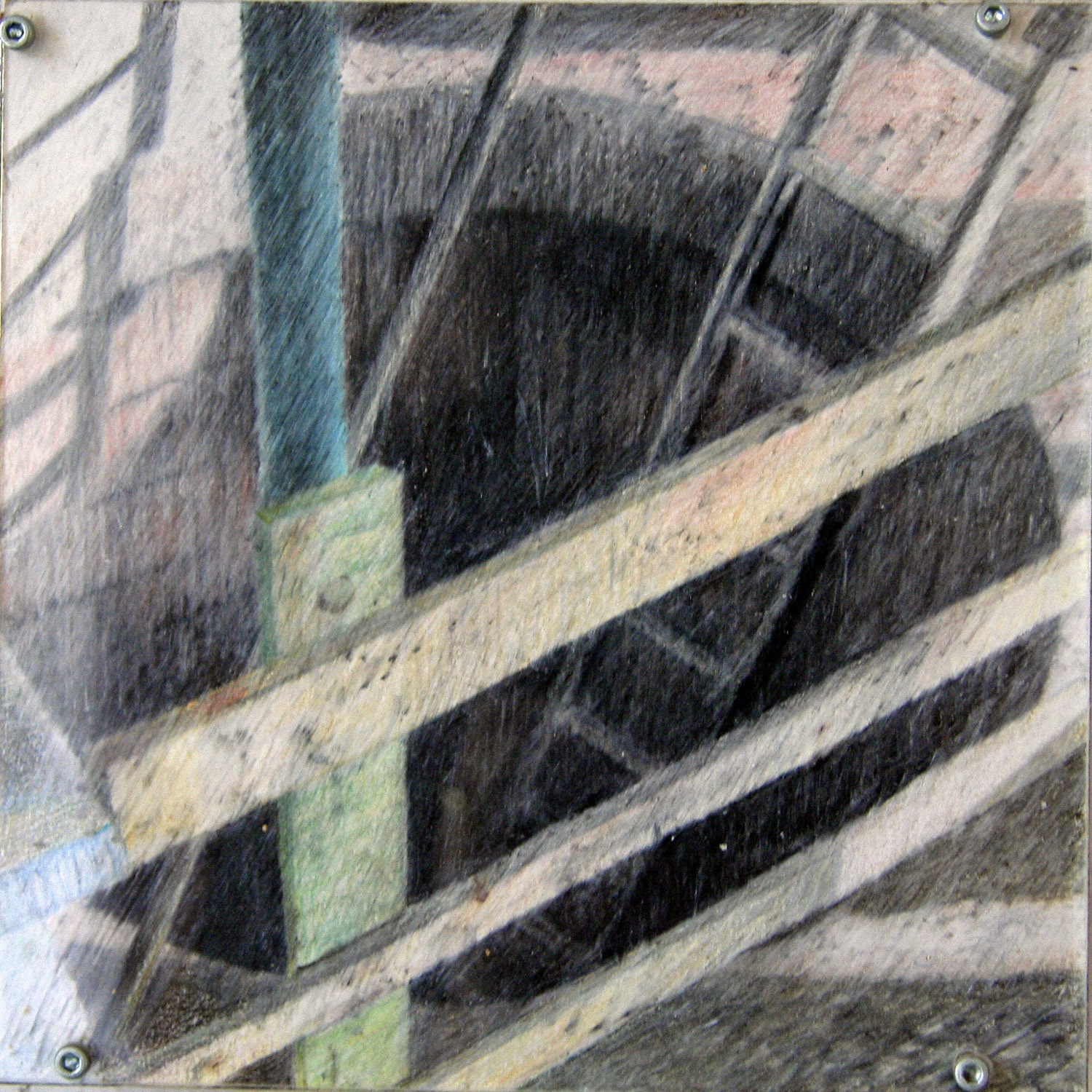 Nestbau, Objekt zugeklappt, 1997, Buntstift, Pitkreide, Ölkreide auf Papier, Mdf-Platte mit Scharnieren, 17x17 cm