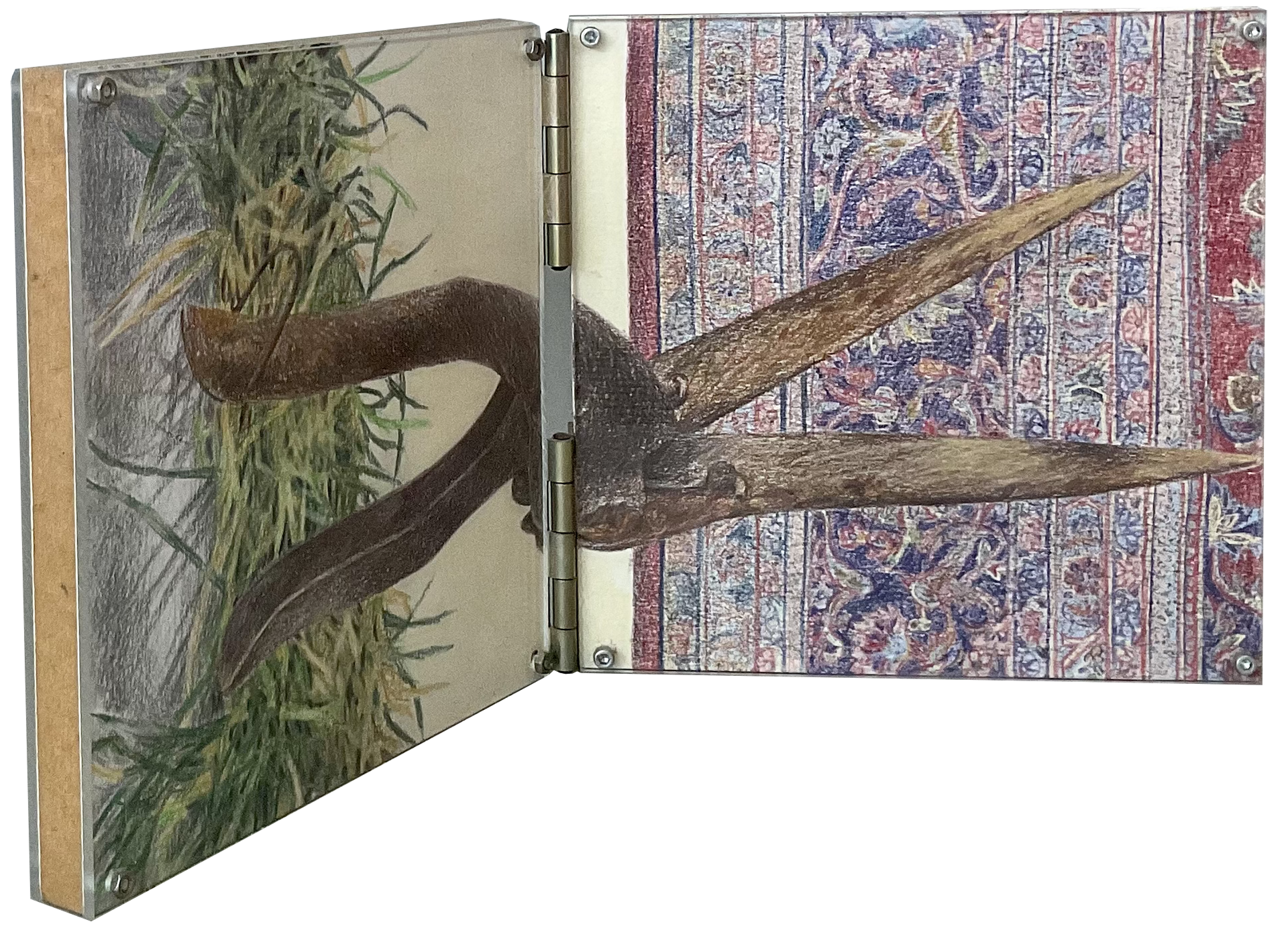 Karussell aufgeklappt, 1998, Buntstift auf Papier, Mdf-Platte mit Scharnieren, 34x17 cm