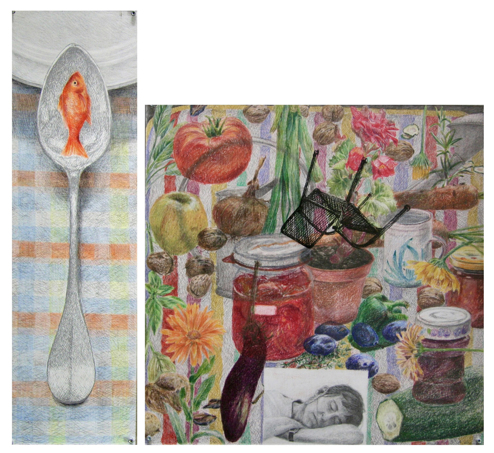 Erntezeit, 2-teilig, 1999, Buntstift, Bleistift, Tusche auf Papier, Mdf-Platte, 15x50, 40x40 cm