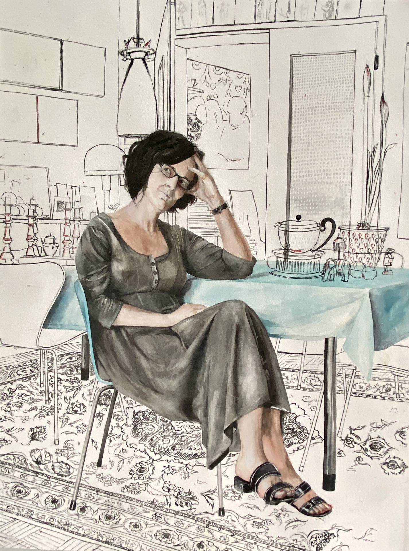 Selbst am Tisch, 2009, Tusche, Aquarell, 46x60 cm